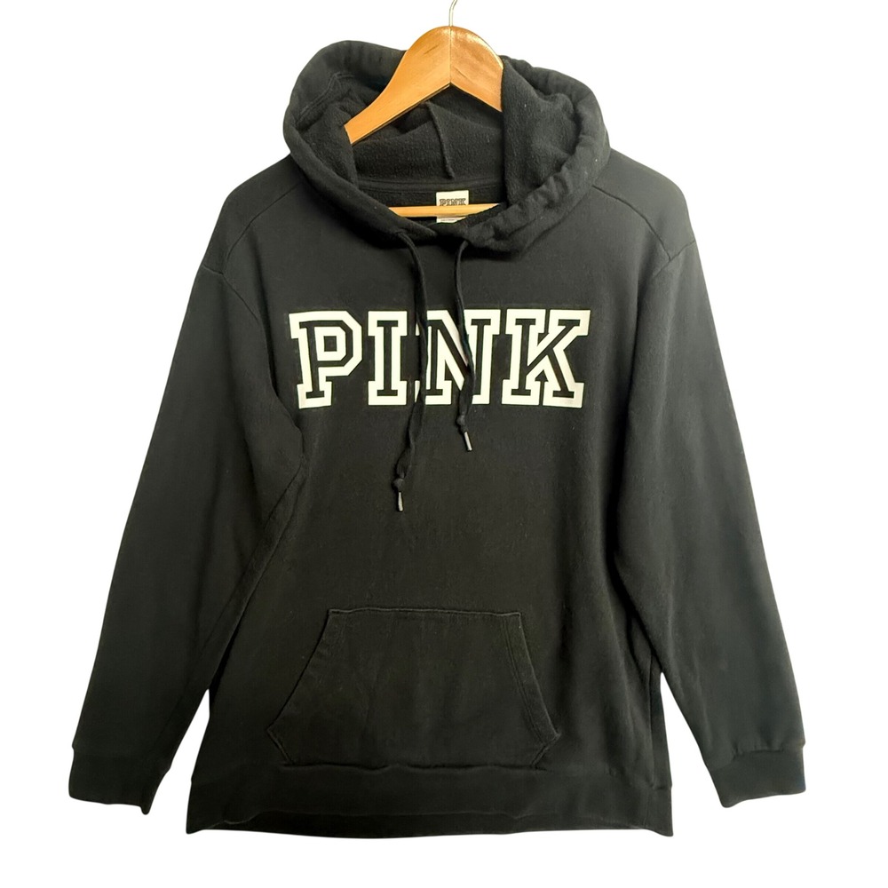 PINK Victorias Secret Hoodie Women's Small Black Logo Pullover Fleece Sweatshirt